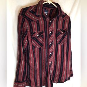Wrangler Western Red/blck Shirt Men's Medium Retro Pearl Snap Up Striped Cowboy